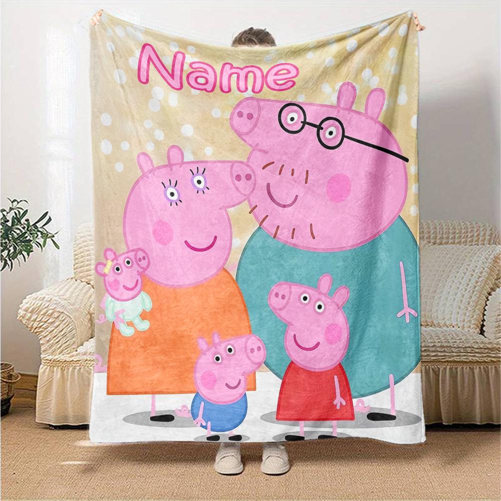 Custom Name Peppa Pig Theme Printed Blanket - Perfect for Couch, Bed, Travel & Outdoor Use | Machine Washable, Cozy & Durable.