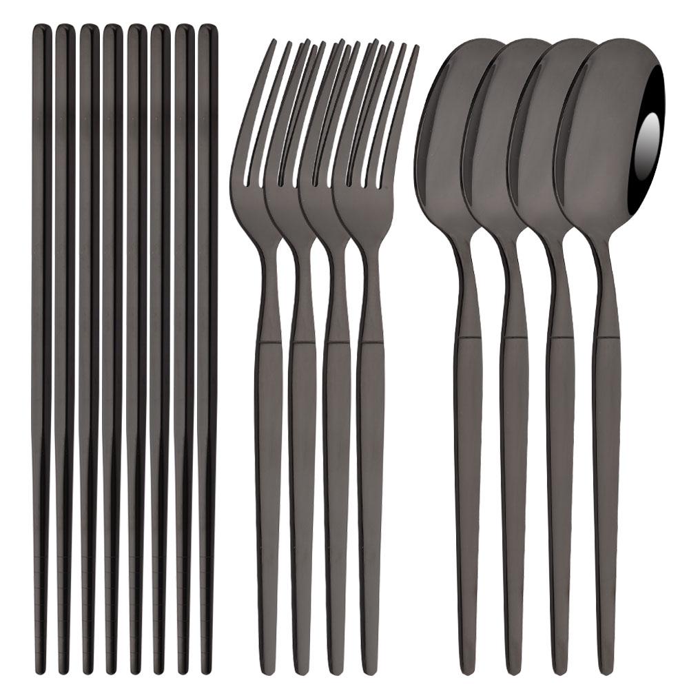 Golden Korean Tableware Set 12Pcs Luxury Mirror Flatware Cutlery Set Stainless Steel Dinnerware Fork Spoon Chopsticks Set