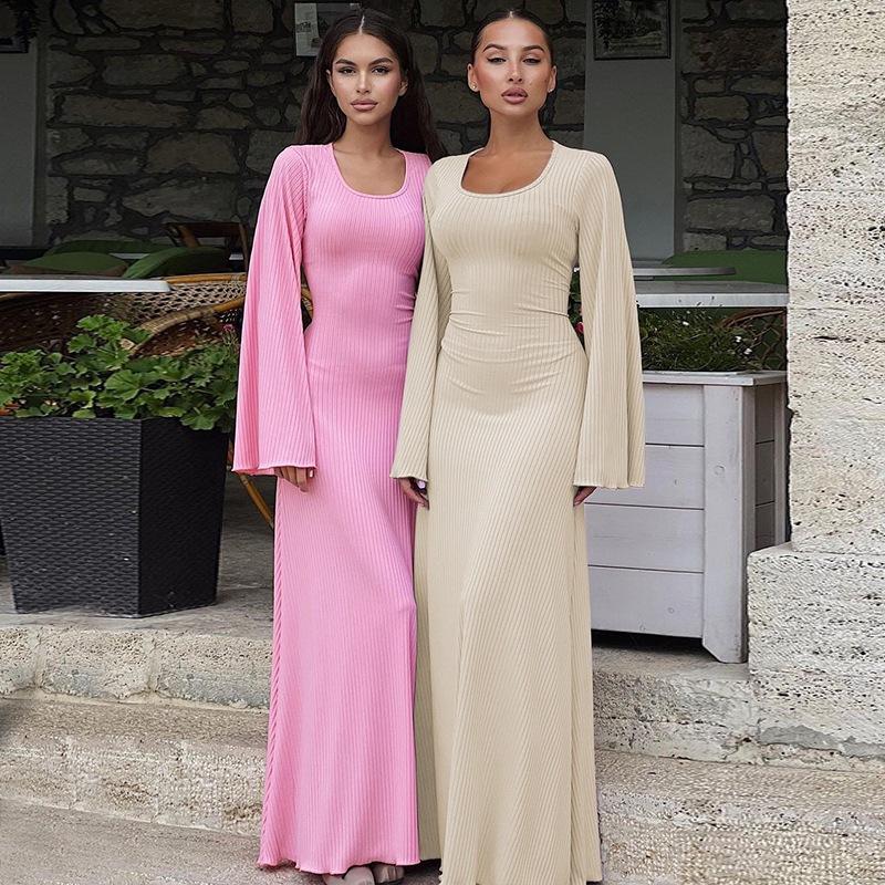Women's U Neck Long Sleeve Maxi Dress Loose Fit Elastic Waist Fresh Sweet Ribbed Knit Flared Skirt Back Tie Casual Long Gown