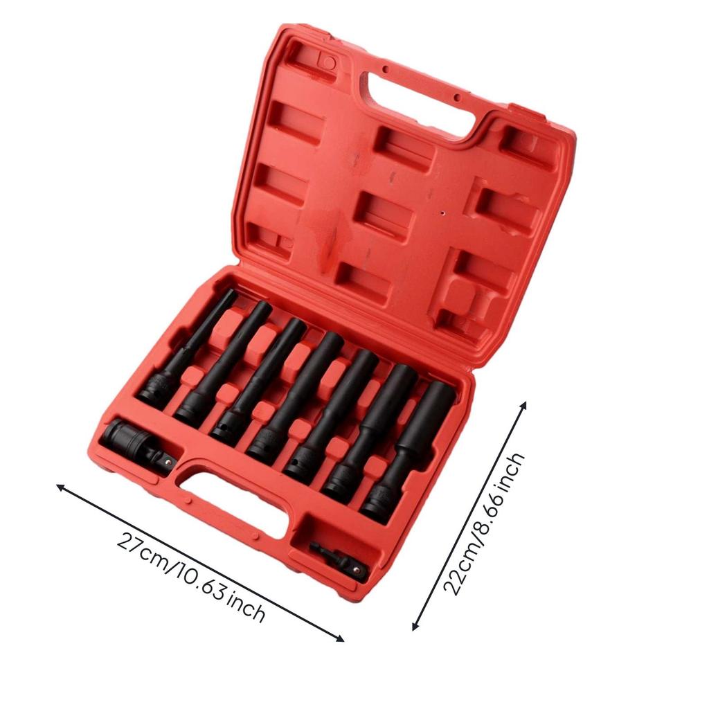 9 Pieces Thin Wall Lug Nut Socket Set Extra-Long Tool 6-Point for Garage, DIYers