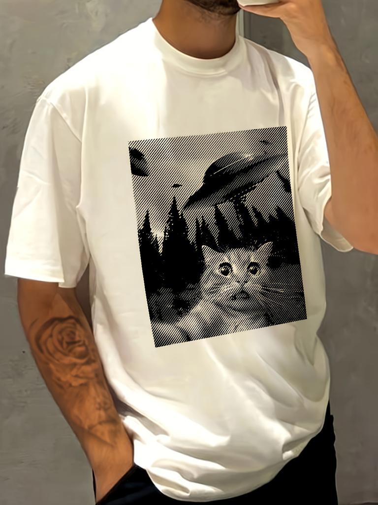 Mens casual Tshirt  cute cat and UFO print short sleeved loose fit Made of pure cotton comfortable and meticulously crafted