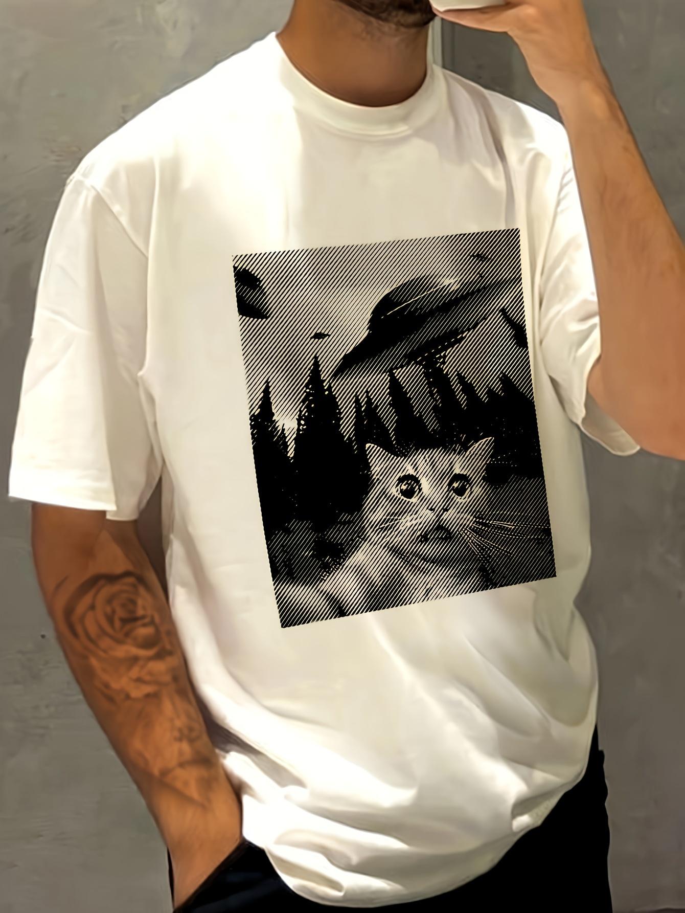 Mens casual Tshirt  cute cat and UFO print short sleeved loose fit Made of pure cotton comfortable and meticulously crafted S