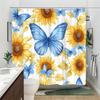 1pc Vibrant Blue Butterfly and Sunflower Shower Curtain - Polyester Fabric, Machine Washable, Suitable for Bathroom Decoration