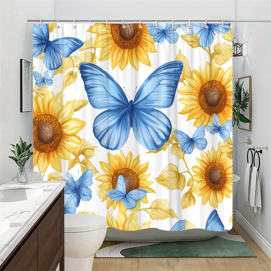 1pc Vibrant Blue Butterfly and Sunflower Shower Curtain - Polyester Fabric, Machine Washable, Suitable for Bathroom Decoration