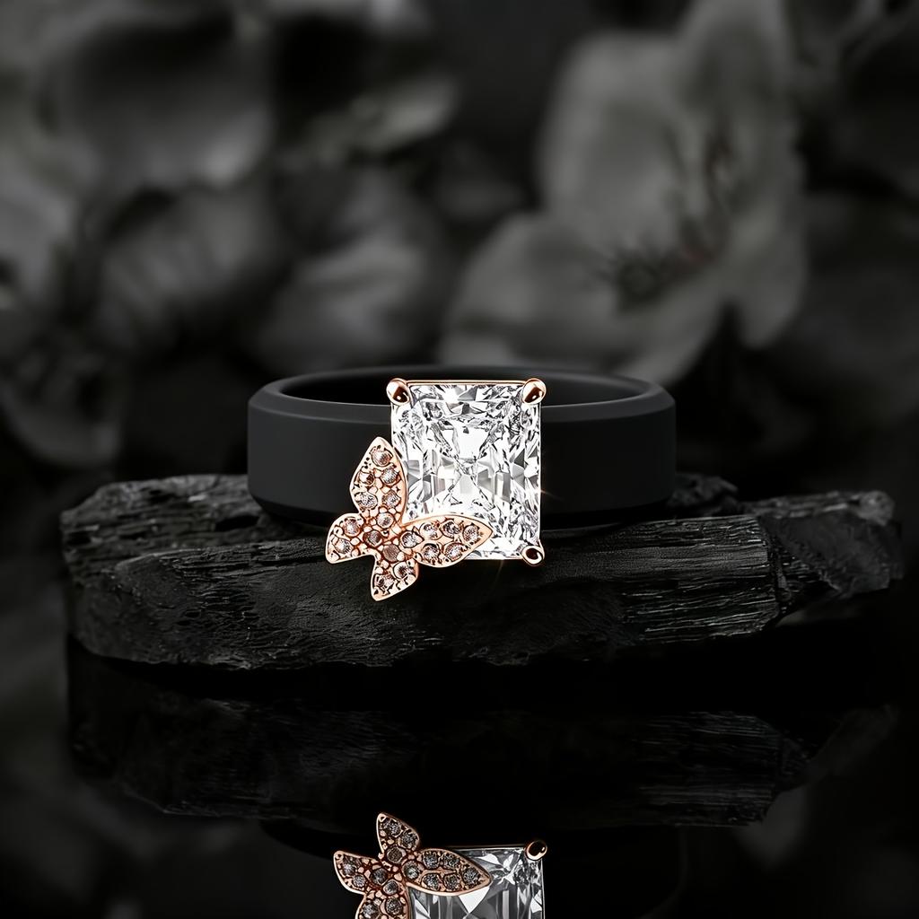 Women Butterfly Rectangle CZ Silicone Ring Two-tone Sparkling Butterfly Ring Comfort Sport Wedding Stackable Jewelry
