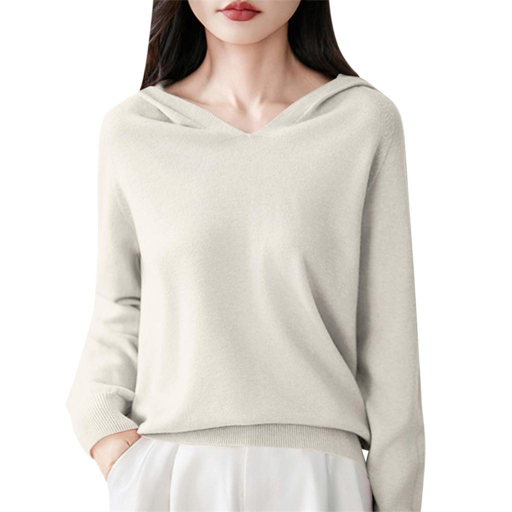 Women's Fashion Long-Sleeved -Colour V-Neck Hooded Knitted Sweater Warm Sweatshirt Knitwear