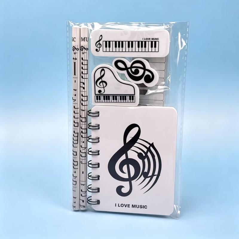 Music Note Pattern Student Stationery: Wooden Pencil and Eraser Set for Children