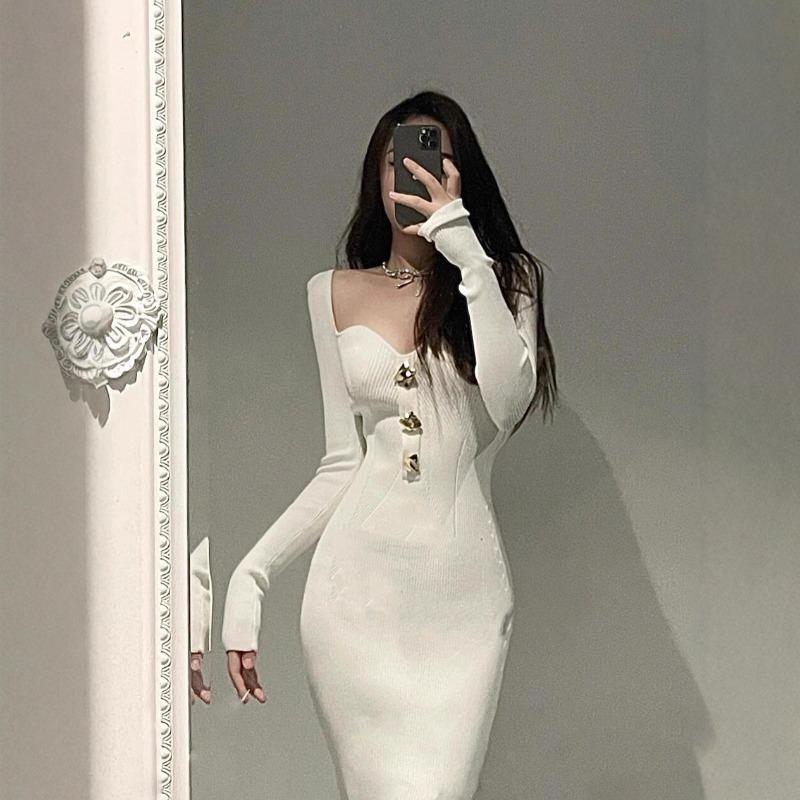 [] Fashion knitted dress autumn and winter new slim-fitting and thin high-waisted long sweater hip-wrapped skirt