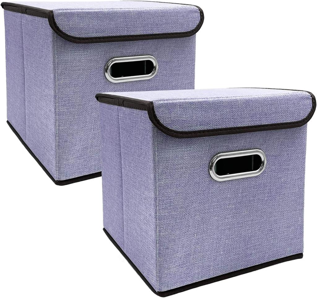 2 Pezzi Contenitori Pieghevoli con Coperchio 25*25cm Cestini Portaoggetti in Tessuto di Lino Lavabili Scatola Decorativa
