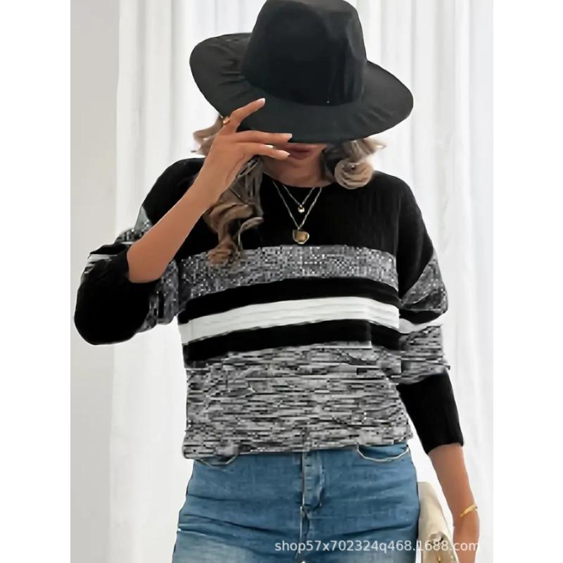 Womens Striped Color Block Crew Neck Loose Long Sleeve Knit Sweater