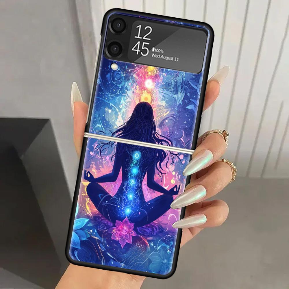 Yoga Chakra Spiritual Energy Universe Hard PC Phone Case For Samsung Galaxy Z Flip 7 6 5 4 3 Black ZFlip7 ZFlip6 Flip5 Flip4 Fli