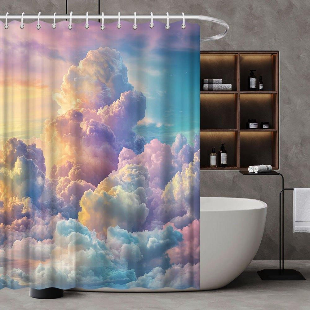 Dreamy Pastel Sky Shower Curtain, Fluffy Clouds In Pink, Lavender & Blue, Fade-Resistant Polyester, Serene Bathroom Decor W60H190(CM)-1 Pcs