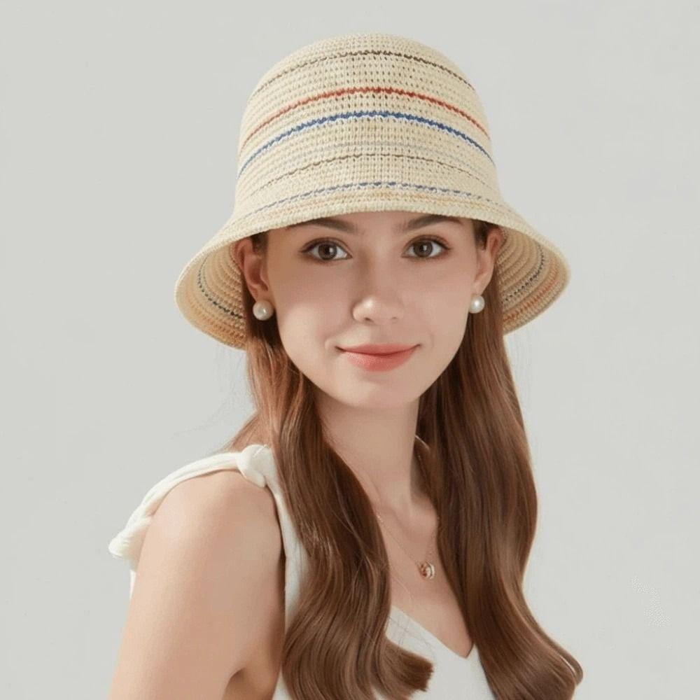 Hollow Out Knitted Bucket Hat Temperament Sun Protection Cap Colorful Striped Fisherman Hat Spring