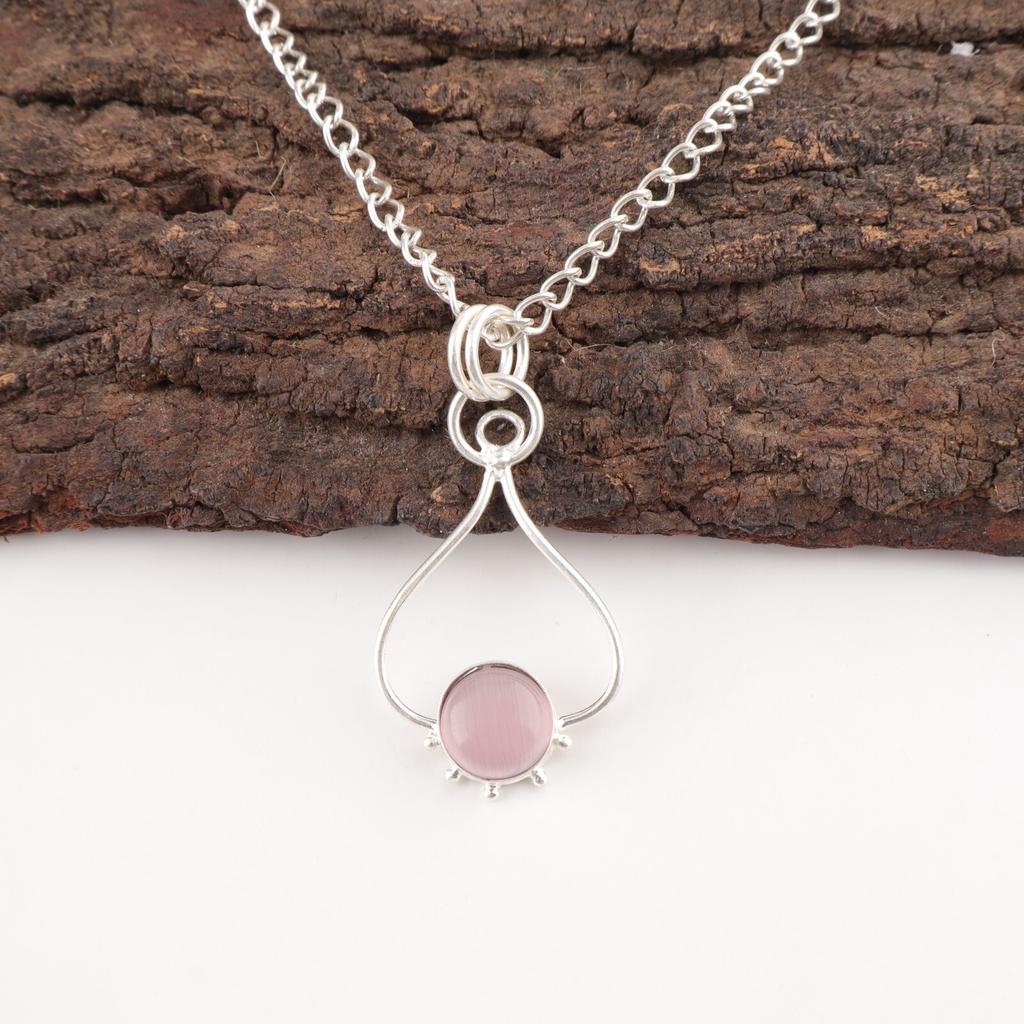 Round Natural Purple Cat'S Eye Sterling Silver Best Friend Gift Handmade Pendant PP-40-45