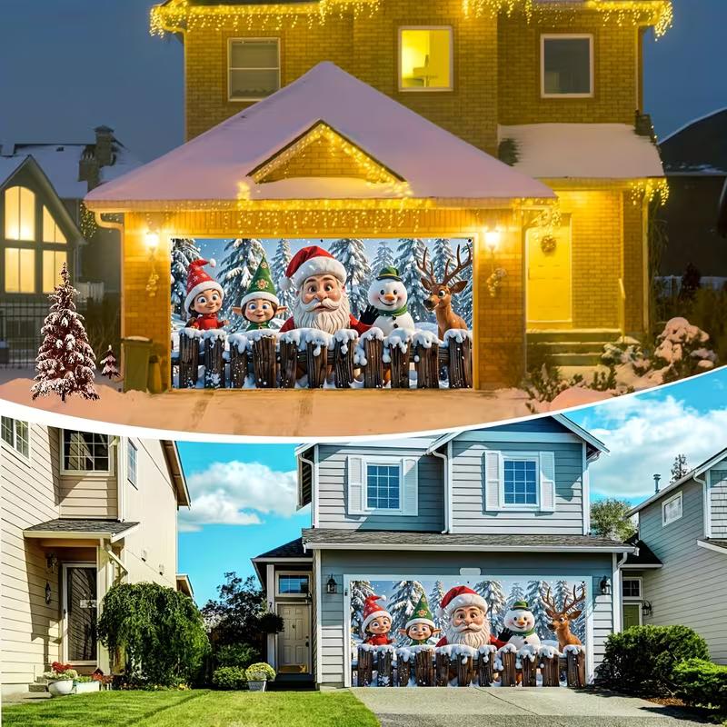 2D Christmas Garage Door Decoration Santa, Elves, Snowman & Reindeer Banner
