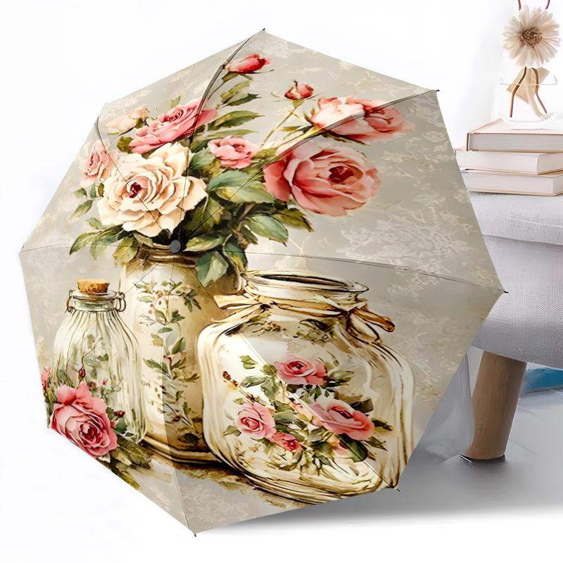 Sunflower Garden Plate Outdoor Automatic Umbrella Folding Umbrella with 8 Ribs Durable Plastic & Iron All-Season Use Vibrant Pattern Umbrella