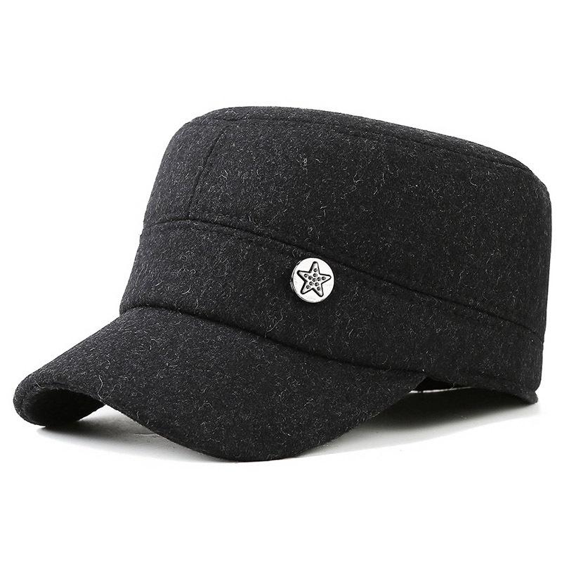 Wool felt flat top hat winter old man thickened ear protection military hat five star hat outdoor cap