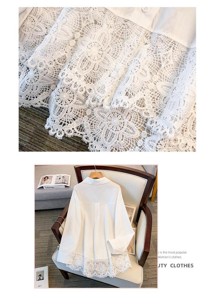Plus Size Women's Long Sleeve Lace Trim Shirt – Early Spring Layering White Top