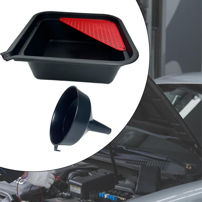 9L Automotive Oil Drip Pan Tray and Funnel Oil Change Tray 36.5x36.5x12.5cm for Cars, Motorcycles, Boats Portable
