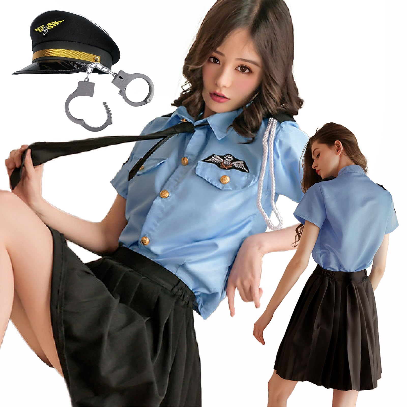 

FORADIANCE Halloween Cosplay Police Officer Costume for with Plus Miniskirt Police Adult Costume Women, Black, Hat, Size, Uniform, Cute, (6-Piece Set) синий