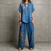 Women Floral Print Two Piece Outfit Short Sleeve Button Up Top Wide Leg Pants Casual Loose Fit Loungewear Set