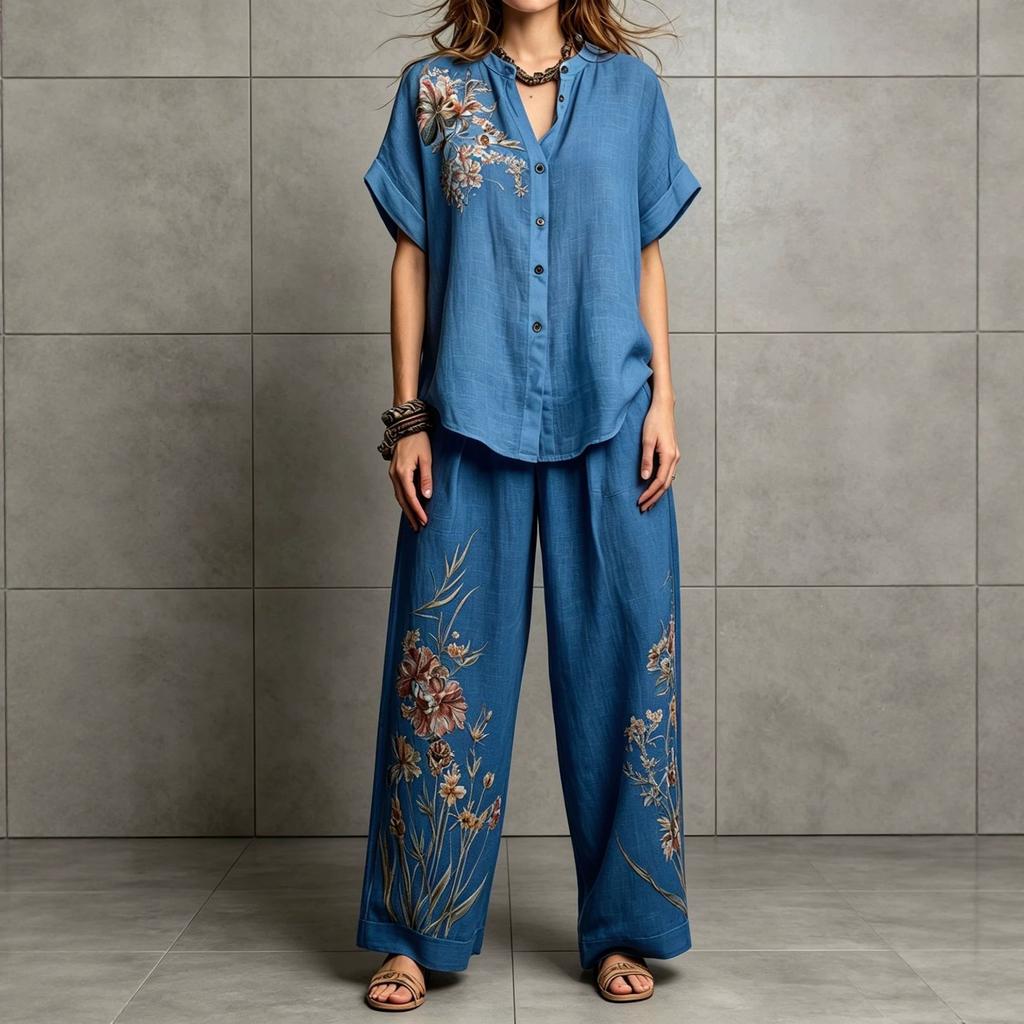 Women Floral Print Two Piece Outfit Short Sleeve Button Up Top Wide Leg Pants Casual Loose Fit Loungewear Set