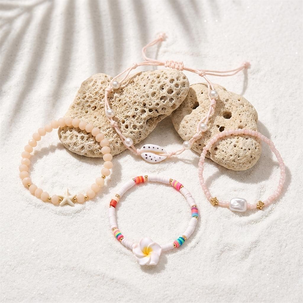 Sweet Shell Flower Heishi Beads Bracelet Set for Women Dainty Frangipani Starfish Rice Beads Elastic Bracelet Party Jewelry Gift