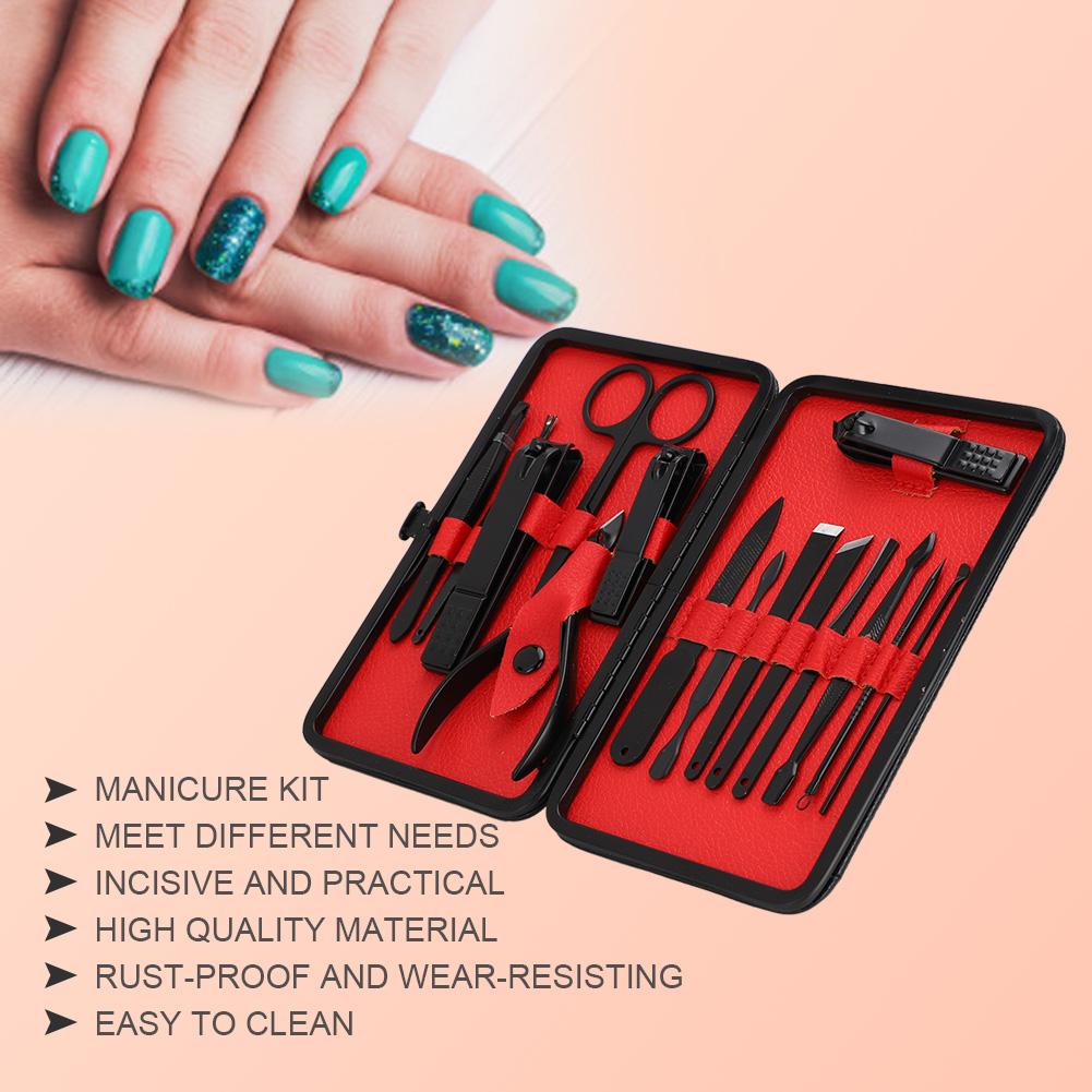 15pcs Stainless Steel Manicure Tool Set Nail Clippers File Dead Skin Remover Kit Black