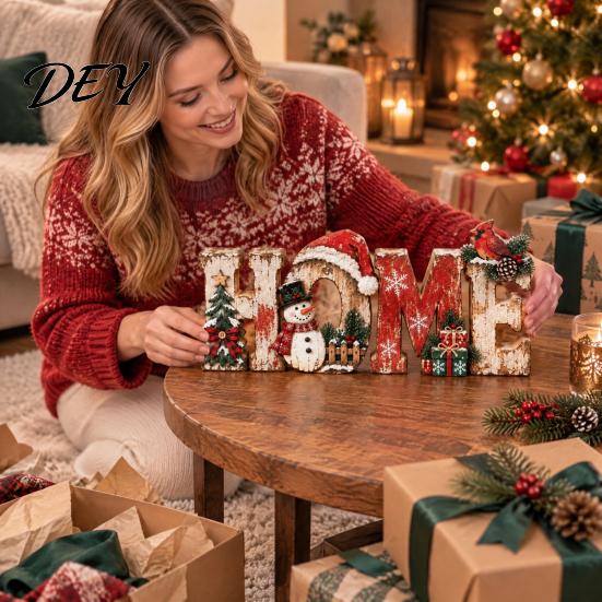 Rustic Christmas Table Centerpieces Wooden Decor, Vintage Centerpiece, HOME Letter Sign with Reusable Fireplace Accents Snowman Bird and Tree
