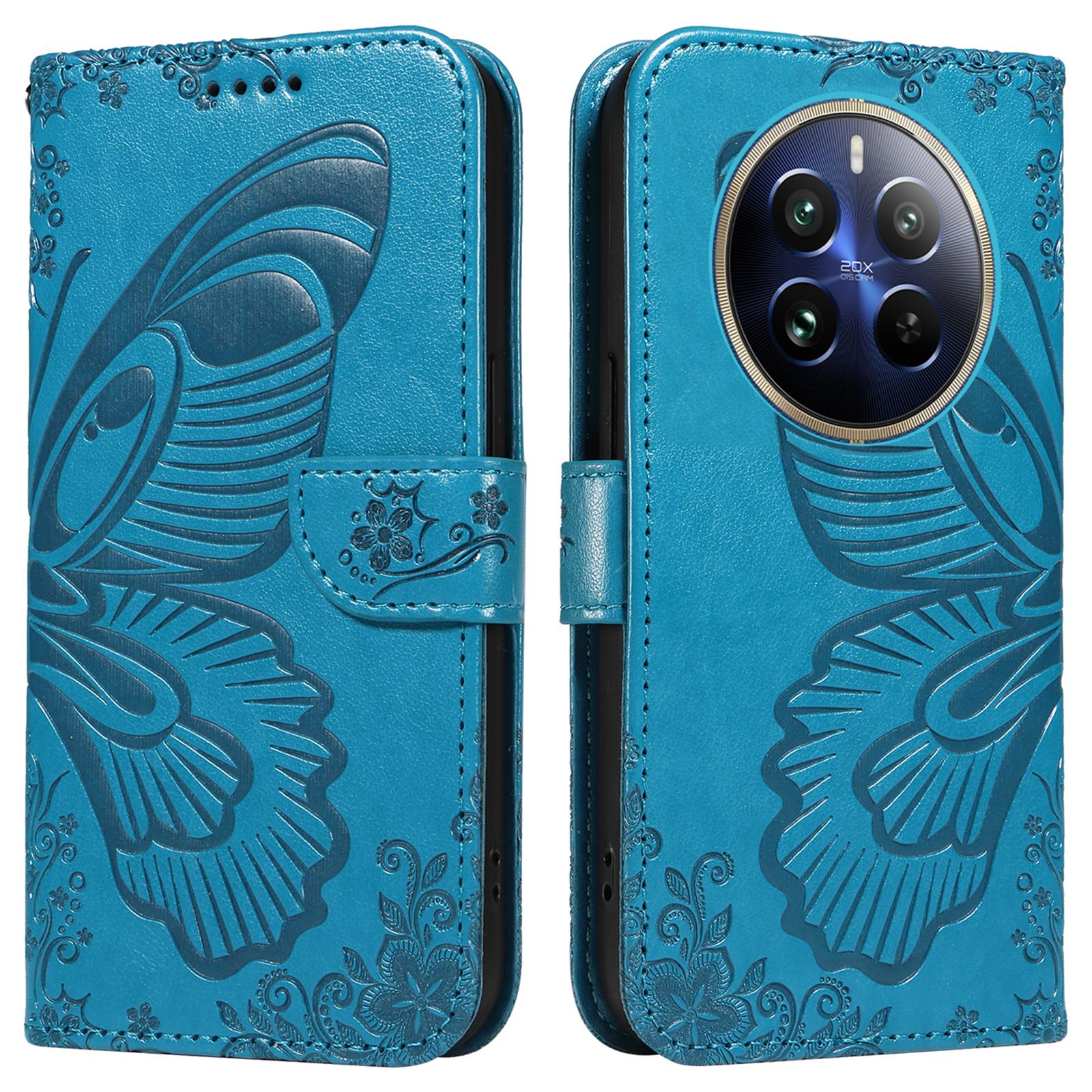 

For Realme 13 Pro 5G (Global)/13 Pro+ 5G (Global)/P1 Pro 5G/12 Pro 5G/12 Pro+ 5G Case Butterfly Pattern Leather Wallet Phone Cover Blue