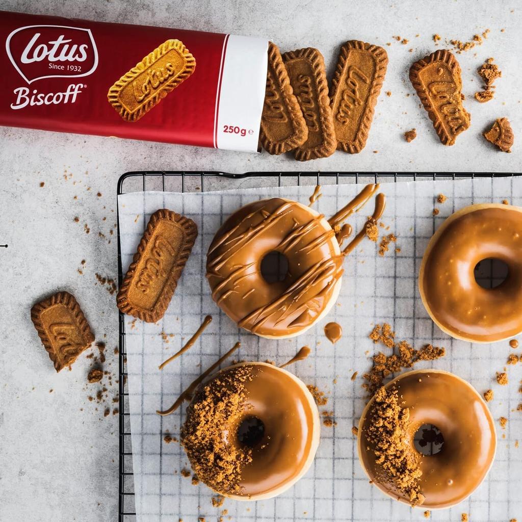 Set of 4: Lotus Original Caramel Biscuits, 250g, Biscuits, Lotus Biscoff Cookies, Cinnamon, Includes Original Pocket Tissues