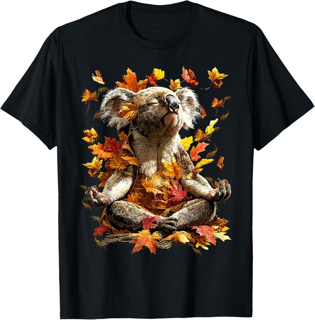 Meditating Koala Autumn Leaves Graphic Tee Men Women Casual Soft Cotton T-Shirt