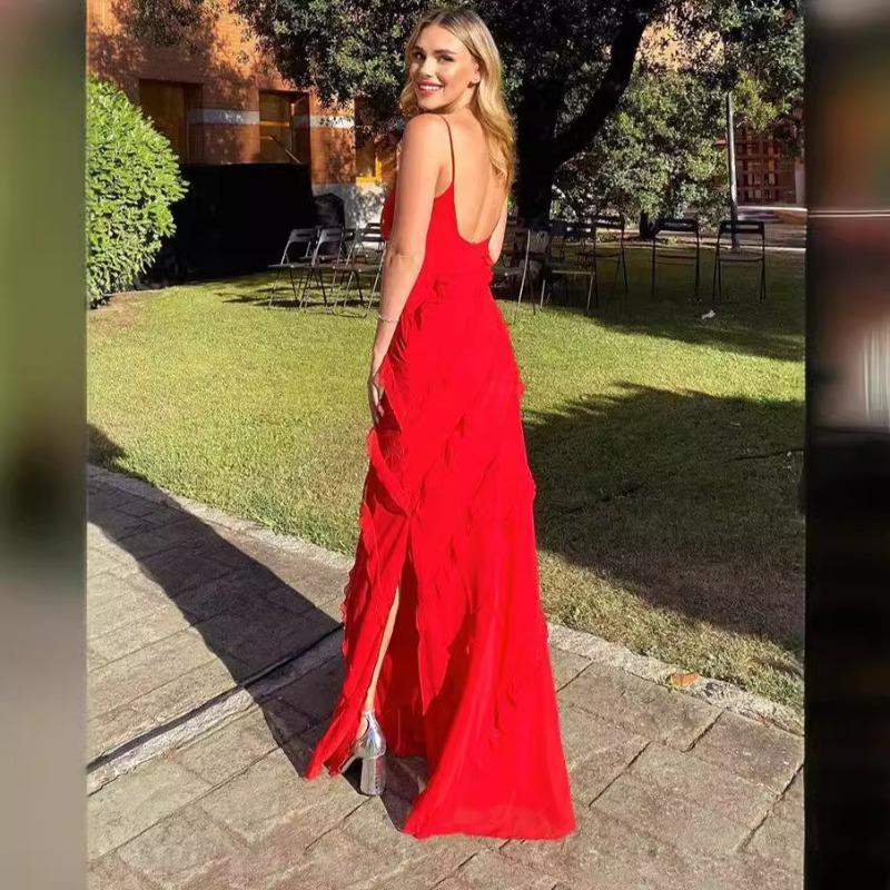 Women's Spring Summer Sexy Backless Halter U Neck Leak Shoulder Wave Slim Side Slit Dress Long Dress