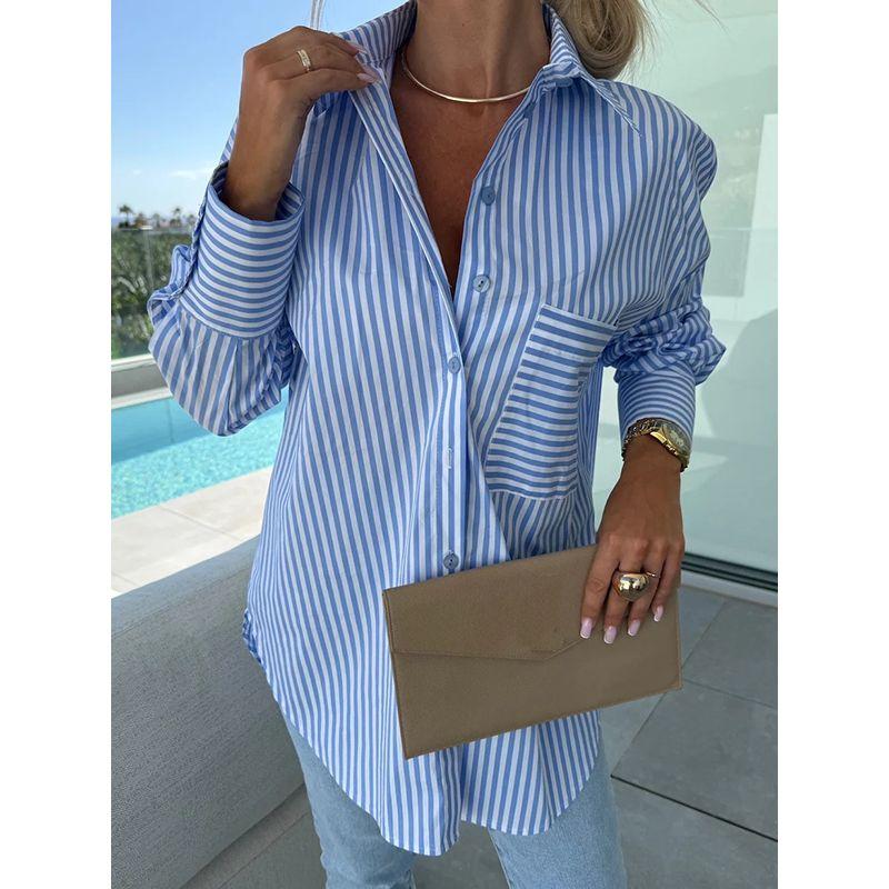 Cross-Border Western Style Spring and Autumn New Fashion Commuter Ol Single-Breasted Stripe Loose Long sleeve Shirts Top Shirt