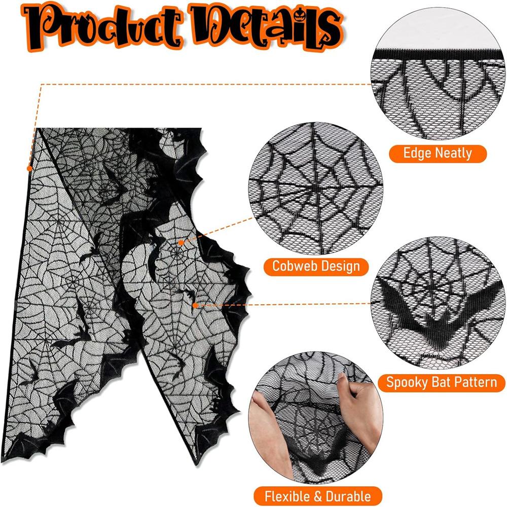 Halloween Indoor Fireplace Mantel Scarf Black Lace Spiderweb Fireplace Cover For Halloween Mantle Decor Festive Party