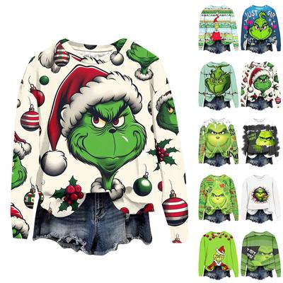 Damenmode, weihnachtlich bedruckt, langärmelig, lockerer Rundhalsausschnitt, Sweatshirt-Oberteil
