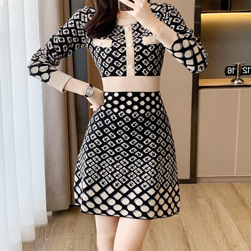 

VEZFAA женские модные осенне-зимние повседневные платья с геометрическим принтом и длинными рукавами и круглым вырезом с высокой талией