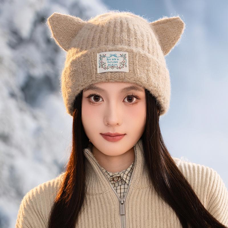 Winter Fashion Warm Wool Hat Female Cute Cat Ears Knitted Hat Warm Ear Protector Hat