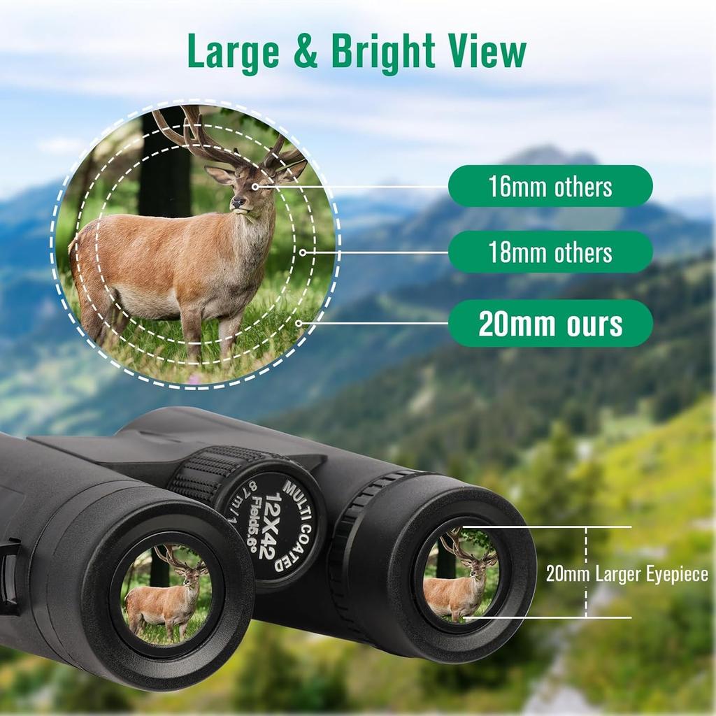12x42 Binoculars for Adults High Power with Universal Phone Adapter,Compact Waterproof Binoculars with Low Light Vision for Bird Watching, Hunting,