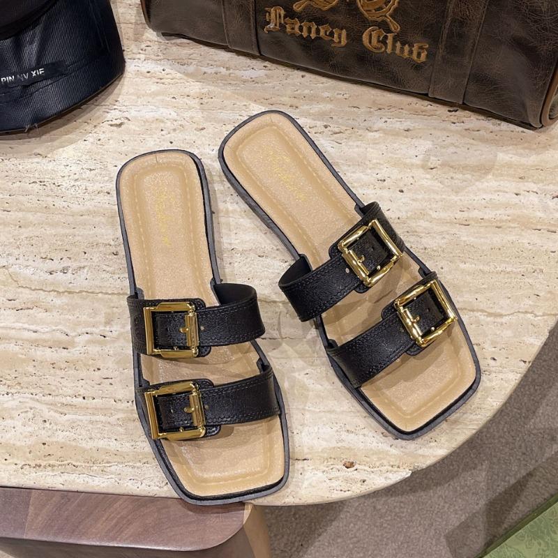 Slippers Women's Outer Wear Summer New Square Head One-word Drag Casual Flat Bottom Non-slip Beach Cool Slippers