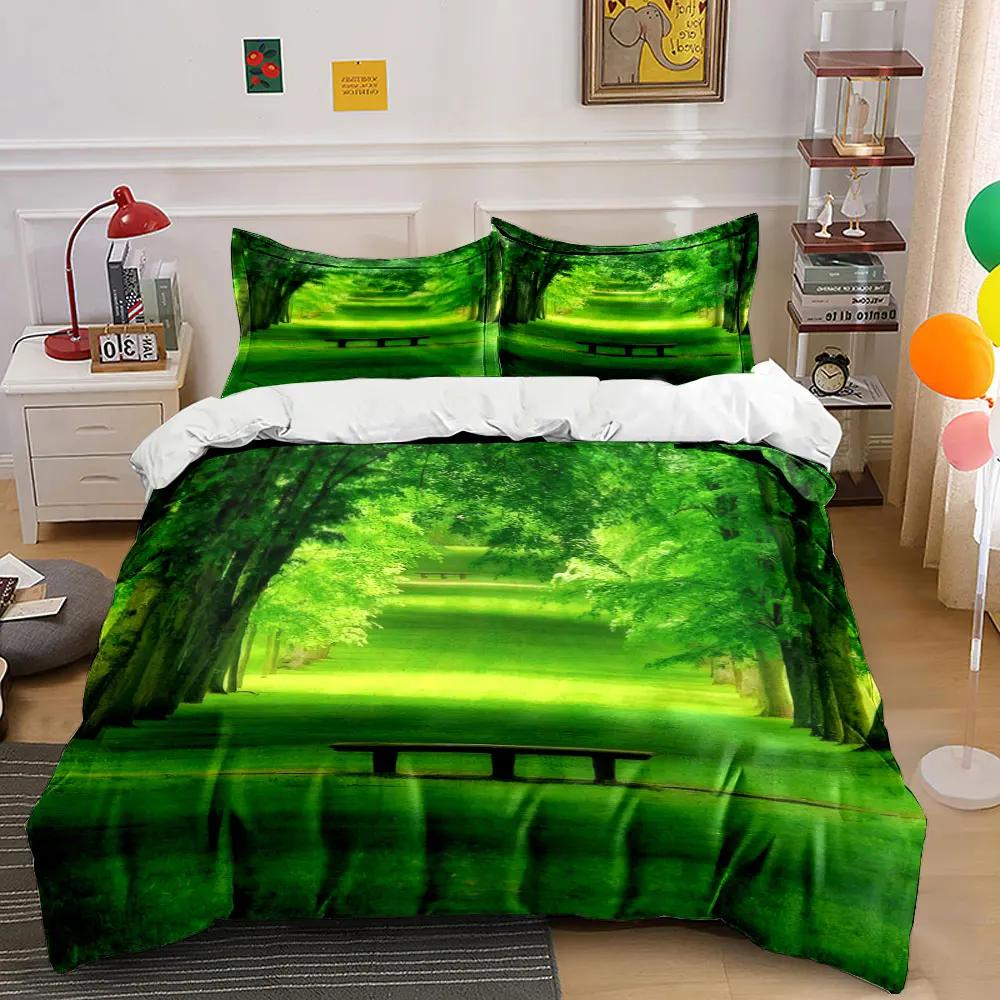 Green Landscape Decoration Set Bedding Set with 1 Duvet Cover 2 Pillowcases Single Double King Queen Gift