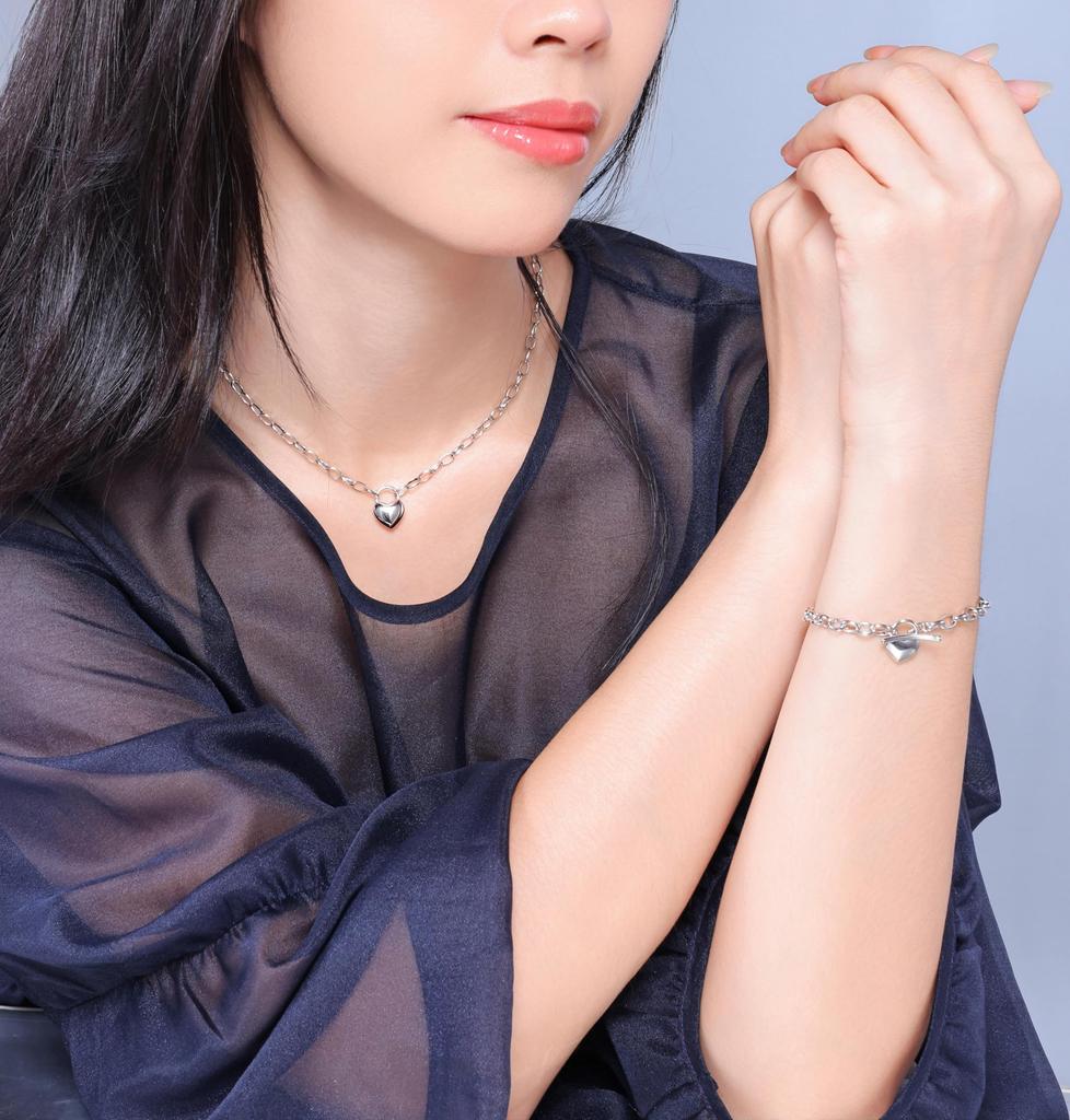 Silver 925 Heart Charm Mantle Chain Bracelet ERP [lady like]