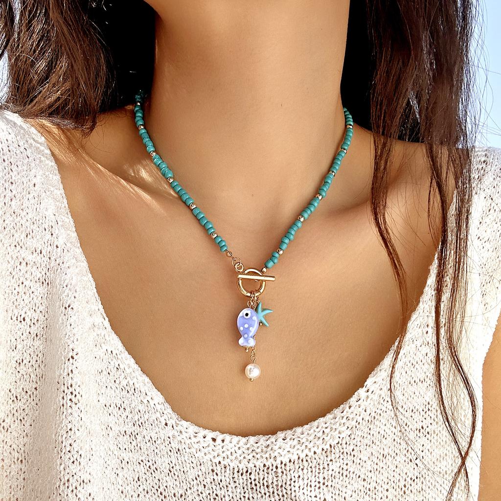 Trendy Bohemian Ceramic Fish Pendant Necklaces for Women Colorful Bead Rope Choker Necklaces Beach Jewelry Adjustable Gift