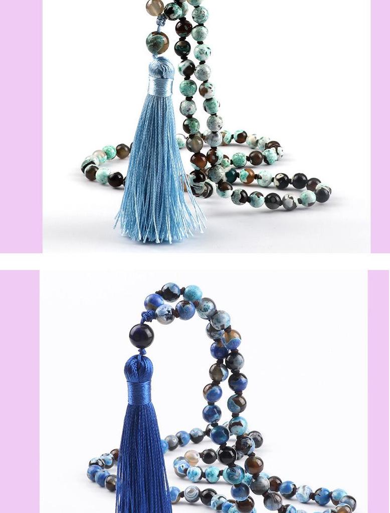 European 8mm Stone Bead Tassel Necklace and Multi-Strand Buddhist Bead Bracelet