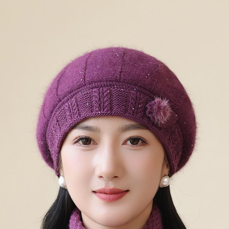 In The Elderly Rabbit Hair Knitted Hat Ladies Beret Fashion Thickened Warm Wool Hat