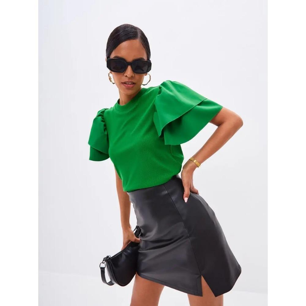 Splicing Chiffon Petal Short Sleeved Round Neck Women's T-shirt Slim Fit and Versatile Casual Top