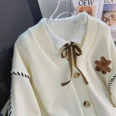 2023 Women's V-Neck Bear Sweater Cardigan - Autumn/Winter Style, Loose Fit, Gentle Fragrance