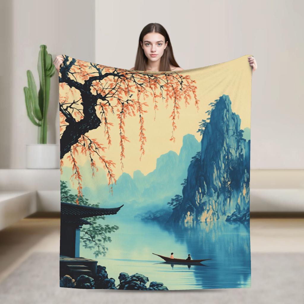 Chinese ink painting Soft Warm Blanket  Child Plush Throw Blanket Street Trend Couch Bed Flannel Bedspread Sofa Bed Cover