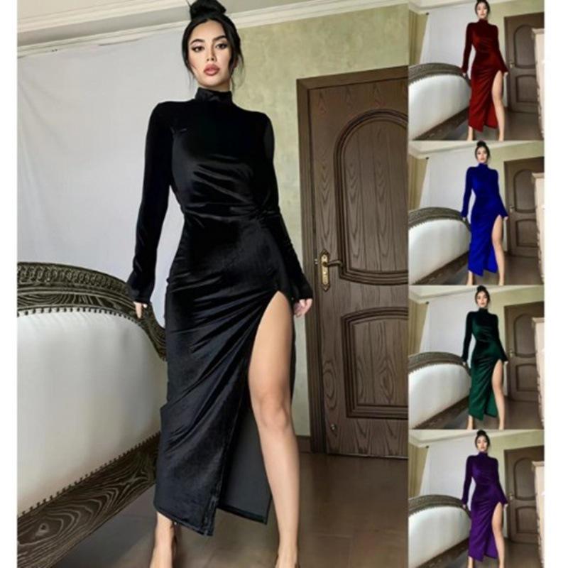 European & American Women's High Neck Velvet Long Dress, Slim Fit, Ruched Slit, Autumn/Winter 2023 Collection