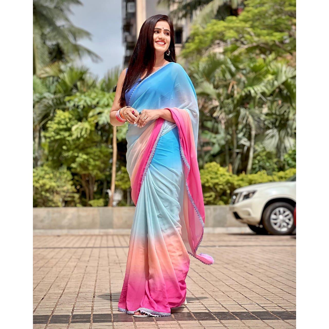 

Премиум-принт Georgette Digital с кружевной каймой Pallu на сари